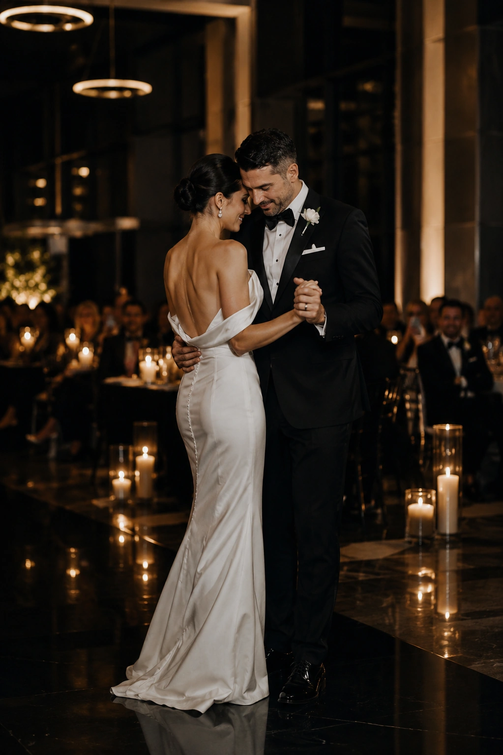 Newlywed couple sharing an elegant first dance